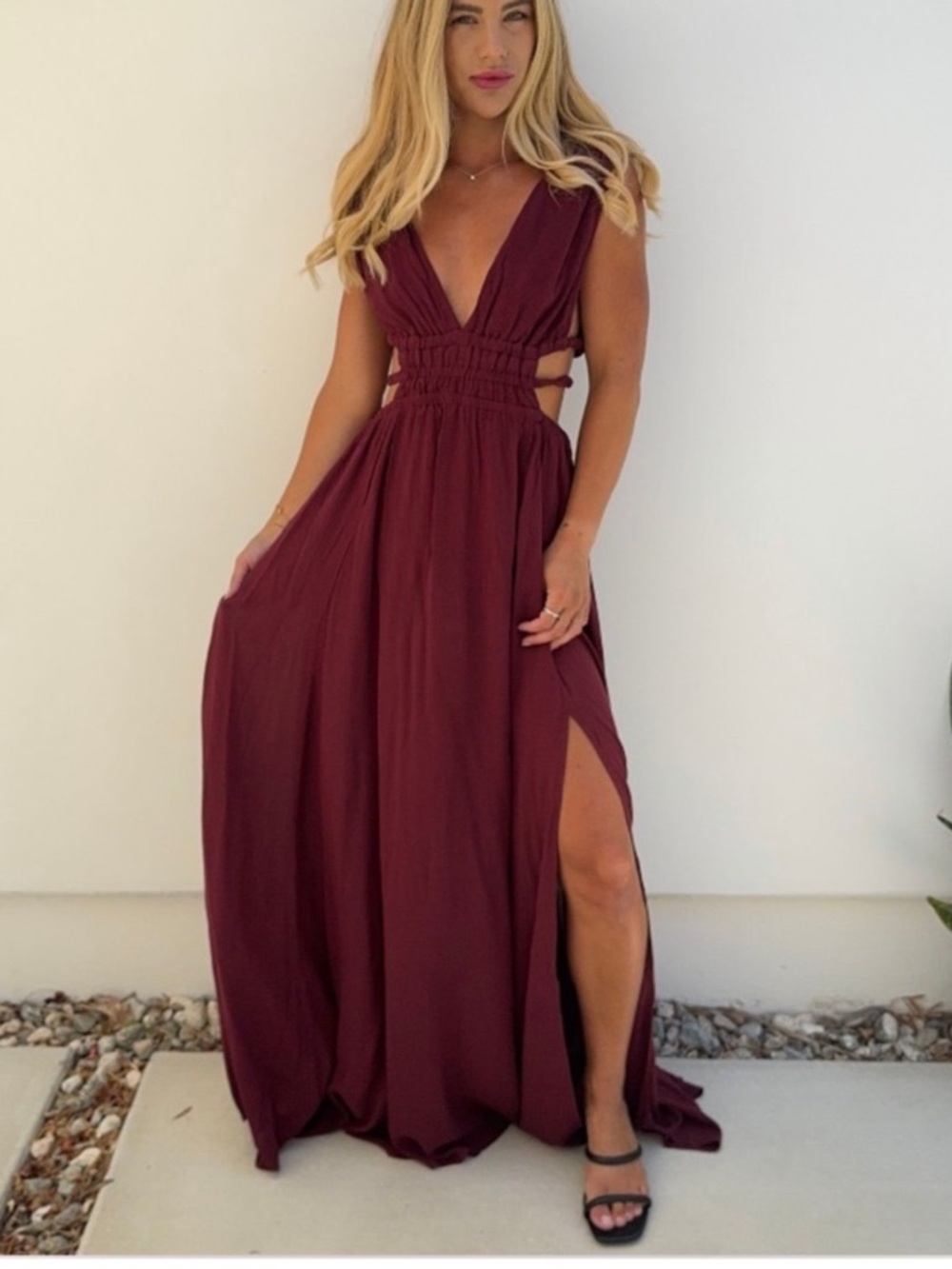 Lovely Day Burgundy Maxi Dress with Deep V and High Slit
